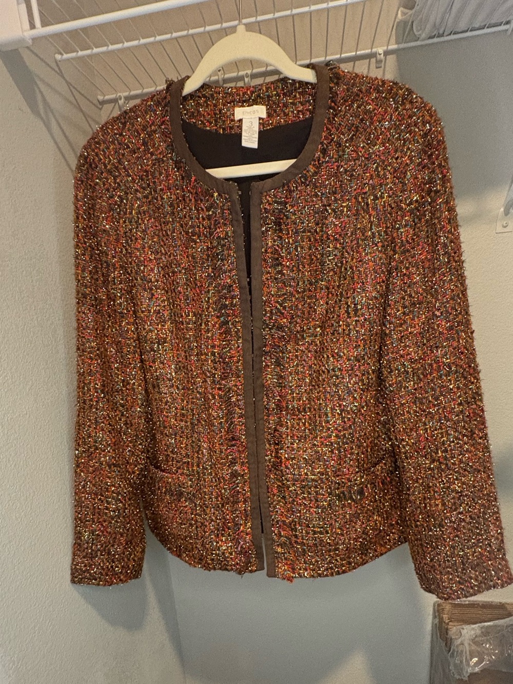 Chico's Multicolor Tweed Jacket with Brown Trim